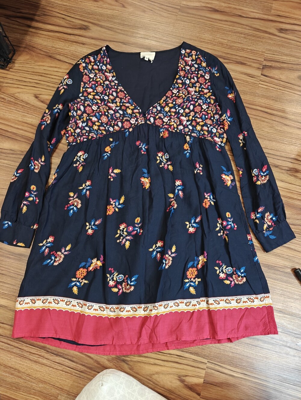Sezane Navy Floral Mini Dress with Red Hem